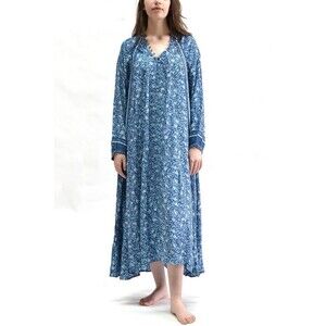 Natalie Martin Fiore Kaftan Maxi Dress Blue Coral 100% Silk Boho Resort Vacation